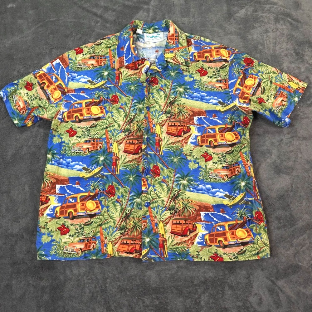 VTG Handmade Hawaiian Troppicks‎ Shirt Mens XL Blue Yellow Surfing Woody Beach